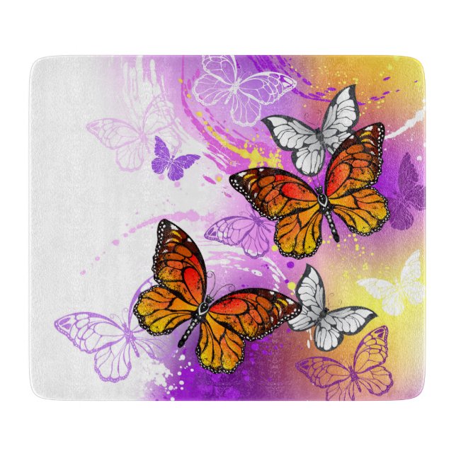Monarch Butterflies on Purple Background Cutting Board (Front)