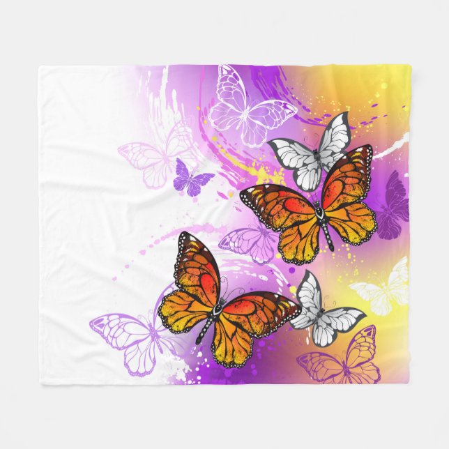 Monarch Butterflies on Purple Background Fleece Blanket (Front (Horizontal))