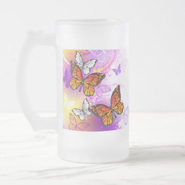 Monarch Butterflies on Purple Background Frosted Glass Beer Mug (Left)