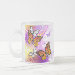 Monarch Butterflies on Purple Background Frosted Glass Coffee Mug
