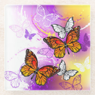 Monarch Butterflies on Purple Background Glass Coaster