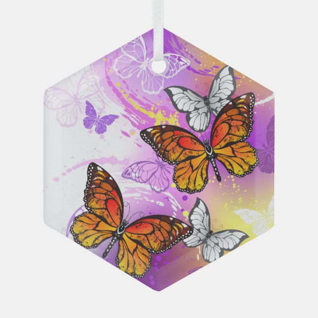 Monarch Butterflies on Purple Background Glass Tree Decoration (Front)