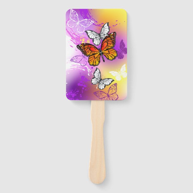 Monarch Butterflies on Purple Background Hand Fan (Front)