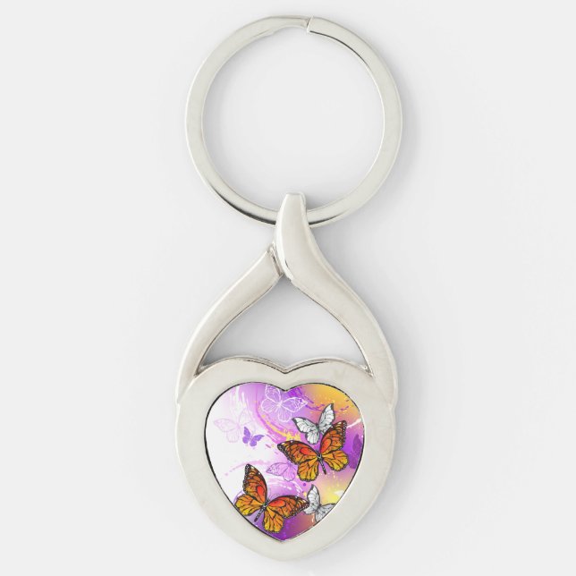 Monarch Butterflies on Purple Background Key Ring (Front)