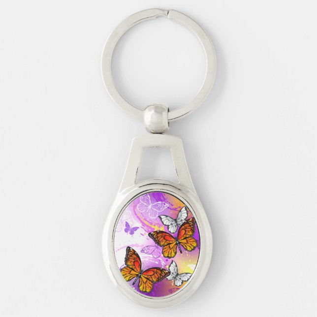 Monarch Butterflies on Purple Background Key Ring (Front)