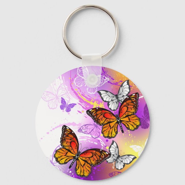 Monarch Butterflies on Purple Background Key Ring (Front)