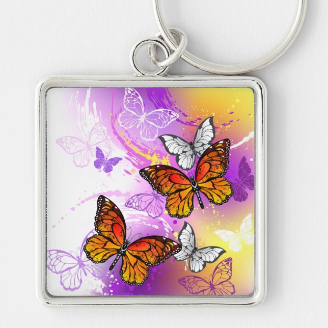Monarch Butterflies on Purple Background Key Ring (Front)