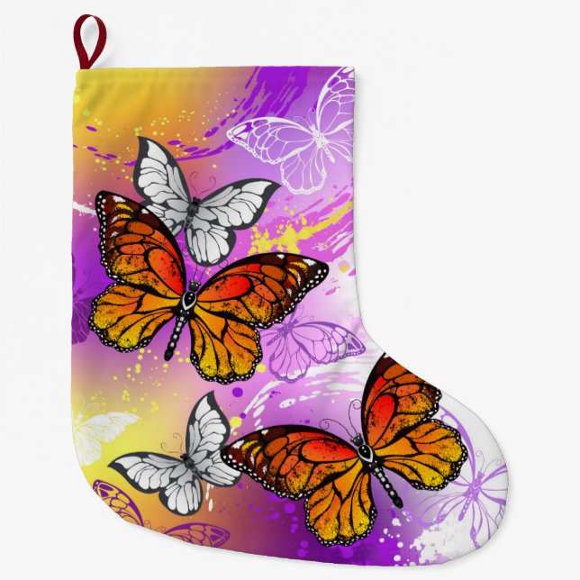 Monarch Butterflies on Purple Background Large Christmas Stocking (Front)