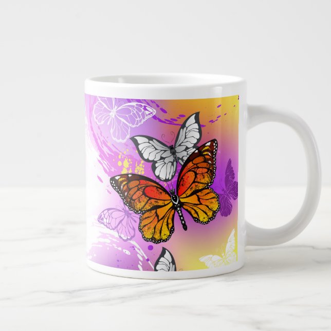 Monarch Butterflies on Purple Background Large Coffee Mug (Right)