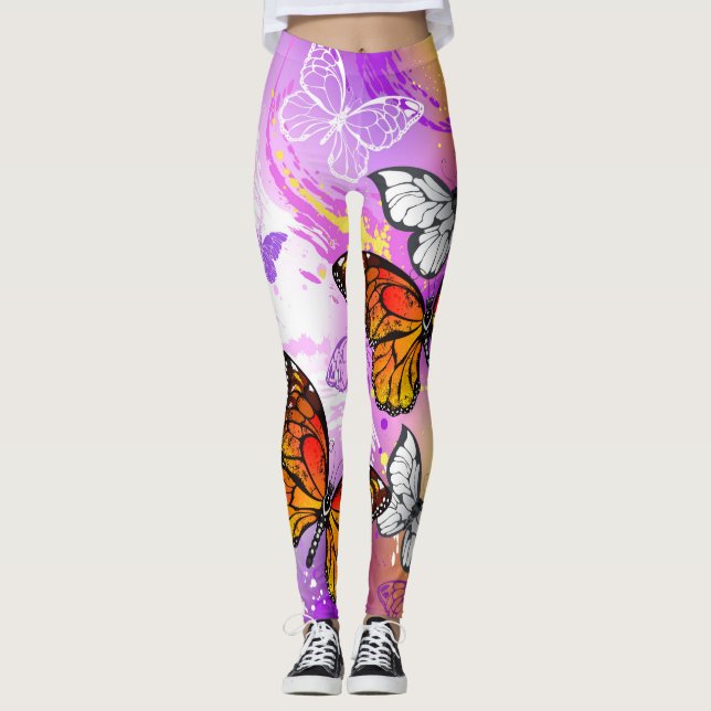 Monarch Butterflies on Purple Background Leggings (Front)