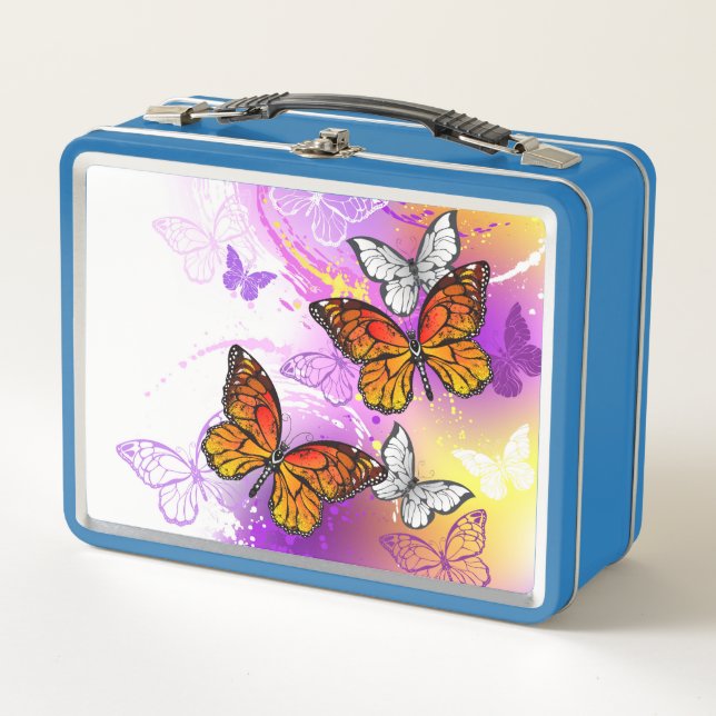 Monarch Butterflies on Purple Background Metal Lunch Box (Front)