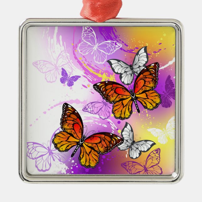 Monarch Butterflies on Purple Background Metal Tree Decoration (Front)