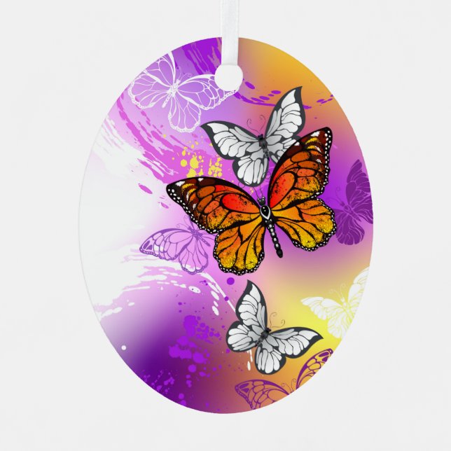Monarch Butterflies on Purple Background Metal Tree Decoration (Front)