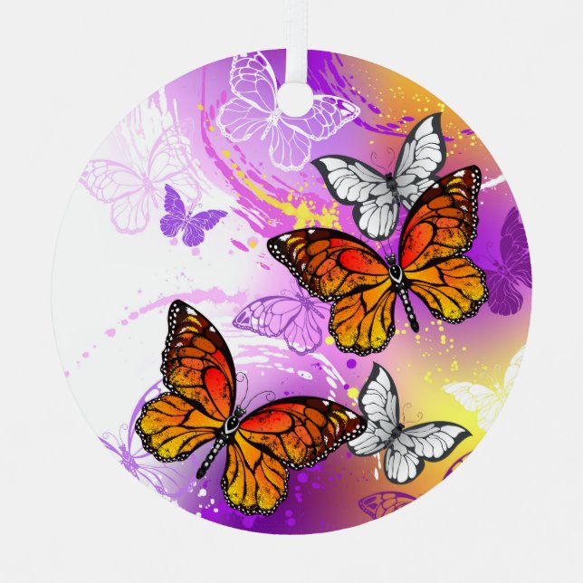 Monarch Butterflies on Purple Background Metal Tree Decoration (Front)