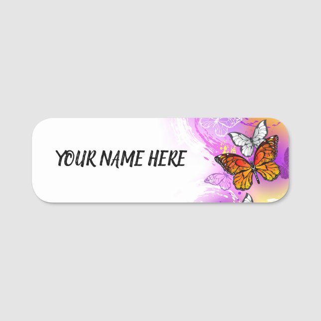 Monarch Butterflies on Purple Background Name Tag (Front)