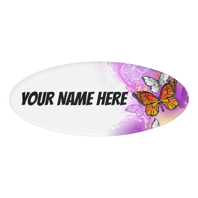 Monarch Butterflies on Purple Background Name Tag (Front)