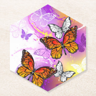 Monarch Butterflies on Purple Background Paper Coaster