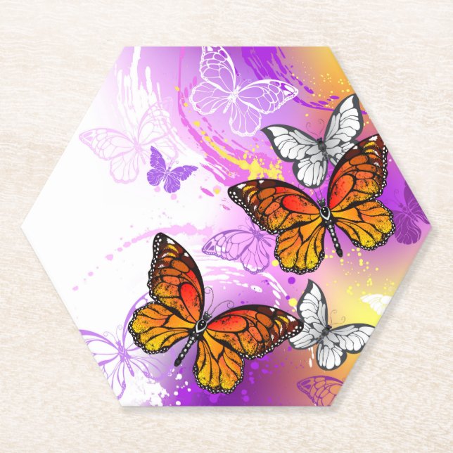 Monarch Butterflies on Purple Background Paper Coaster (Front)
