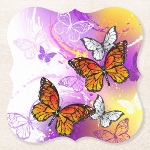Monarch Butterflies on Purple Background Paper Coaster