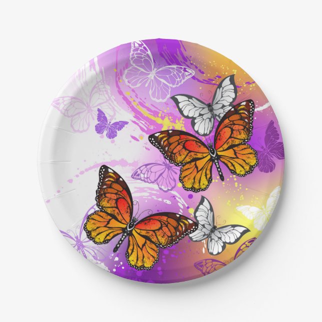 Monarch Butterflies on Purple Background Paper Plate (Front)