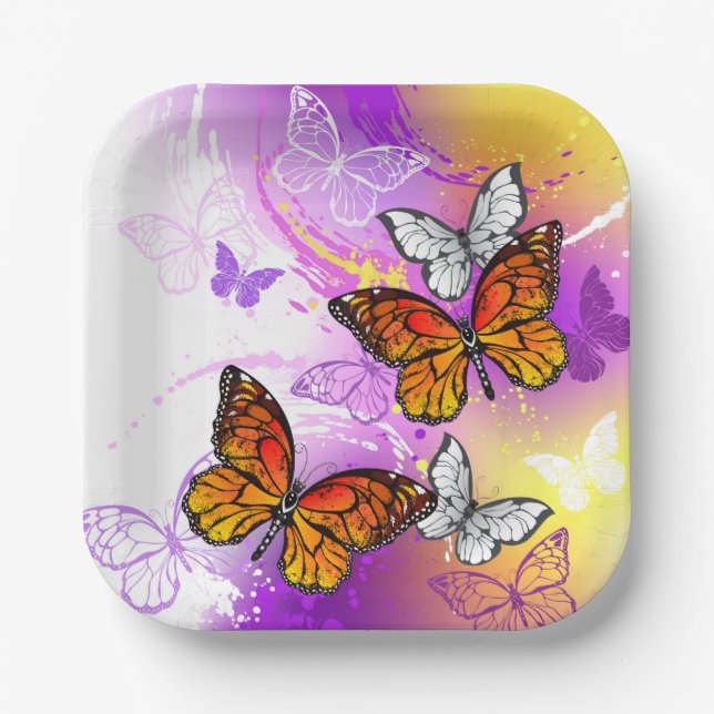 Monarch Butterflies on Purple Background Paper Plate (Front)