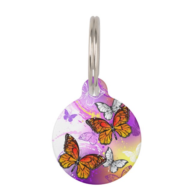 Monarch Butterflies on Purple Background Pet Tag (Front)