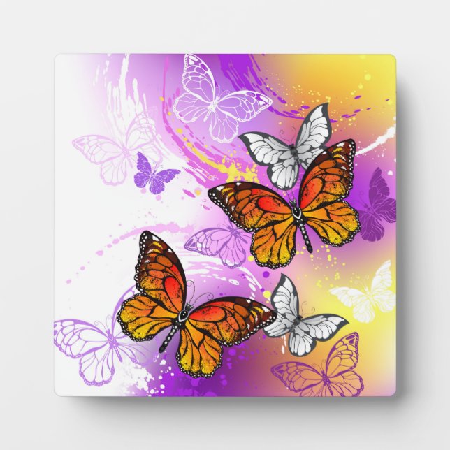 Monarch Butterflies on Purple Background Plaque (Front)