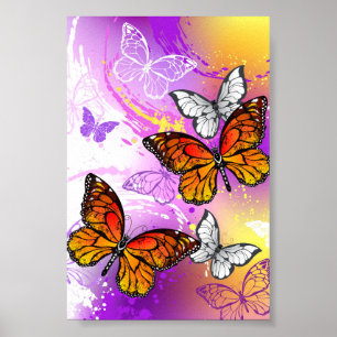 Monarch Butterflies on Purple Background Poster