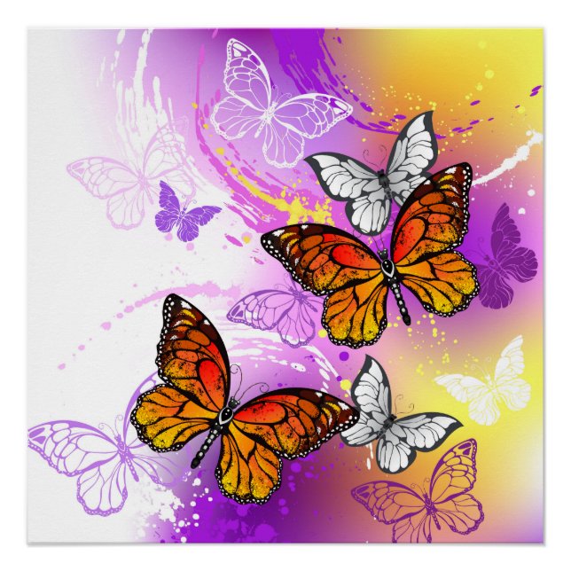 Monarch Butterflies on Purple Background Poster (Front)