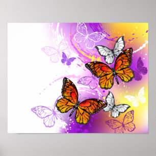 Monarch Butterflies on Purple Background Poster