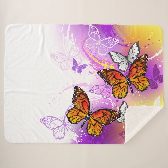 Monarch Butterflies on Purple Background Sherpa Blanket (Front (Horizontal))