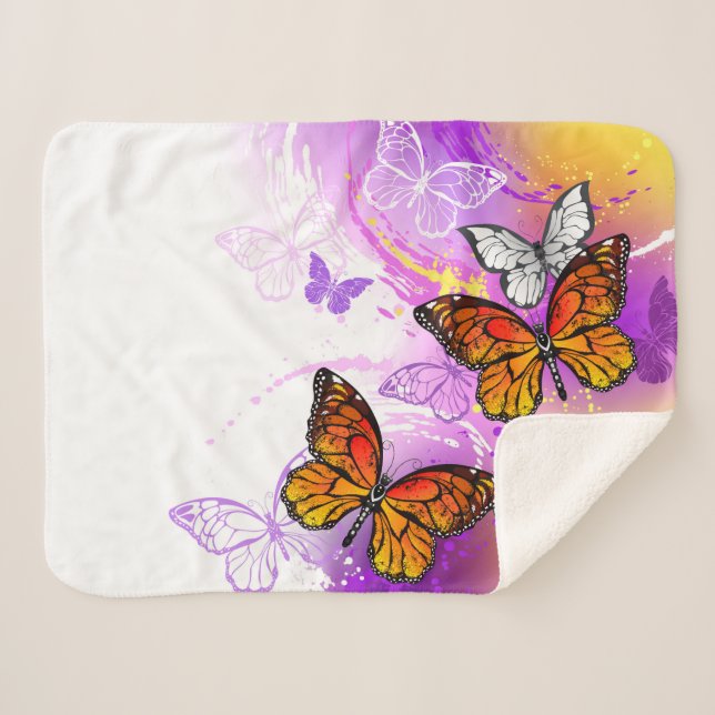 Monarch Butterflies on Purple Background Sherpa Blanket (Front (Horizontal))