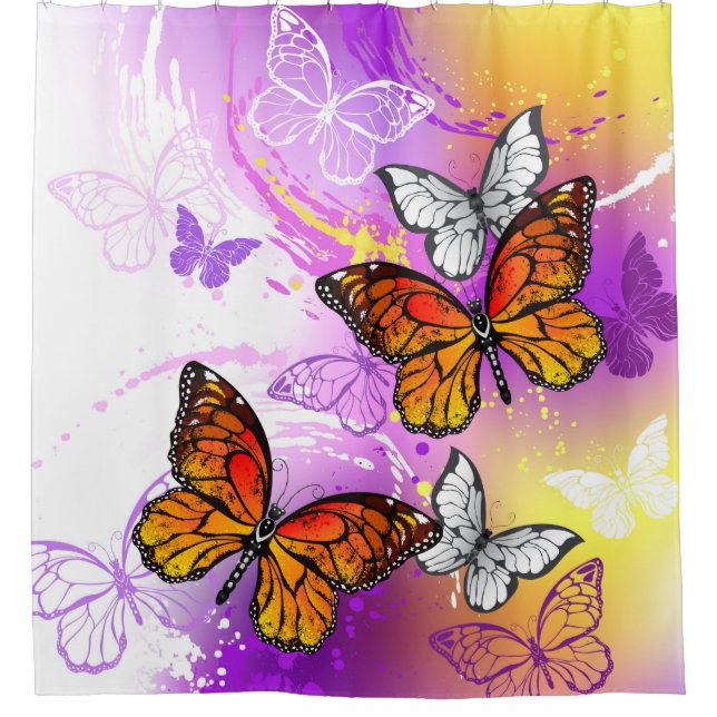 Monarch Butterflies on Purple Background Shower Curtain (Front)