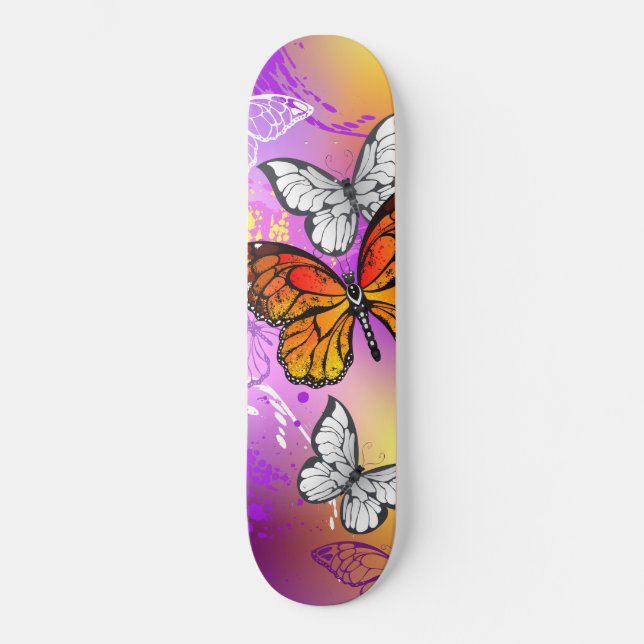Monarch Butterflies on Purple Background Skateboard (Front)