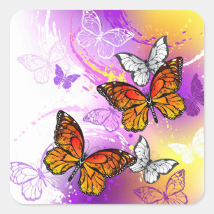 Monarch Butterflies on Purple Background Square Sticker