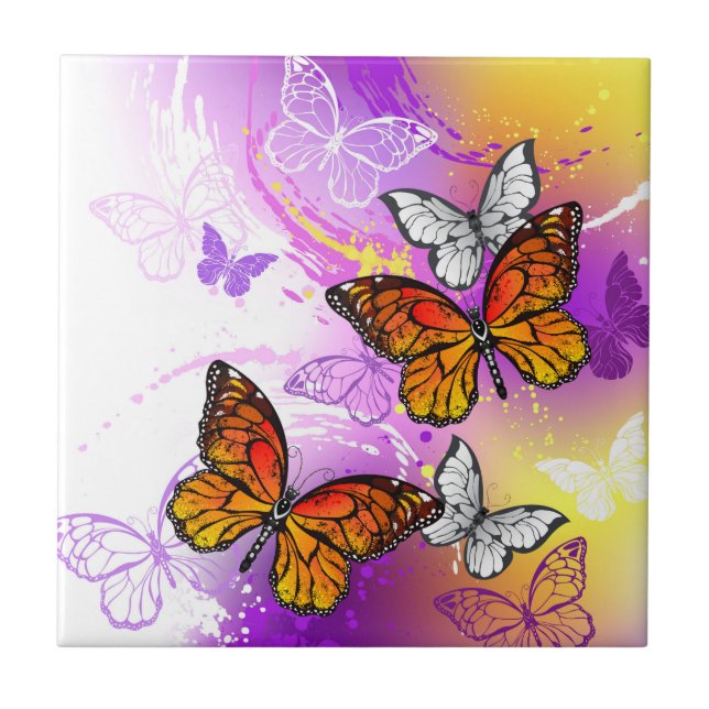 Monarch Butterflies on Purple Background Tile (Front)