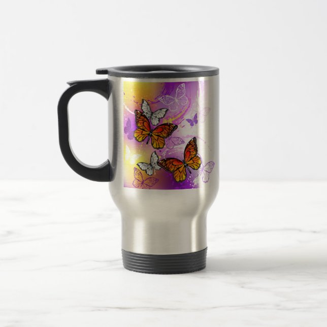 Monarch Butterflies on Purple Background Travel Mug (Left)