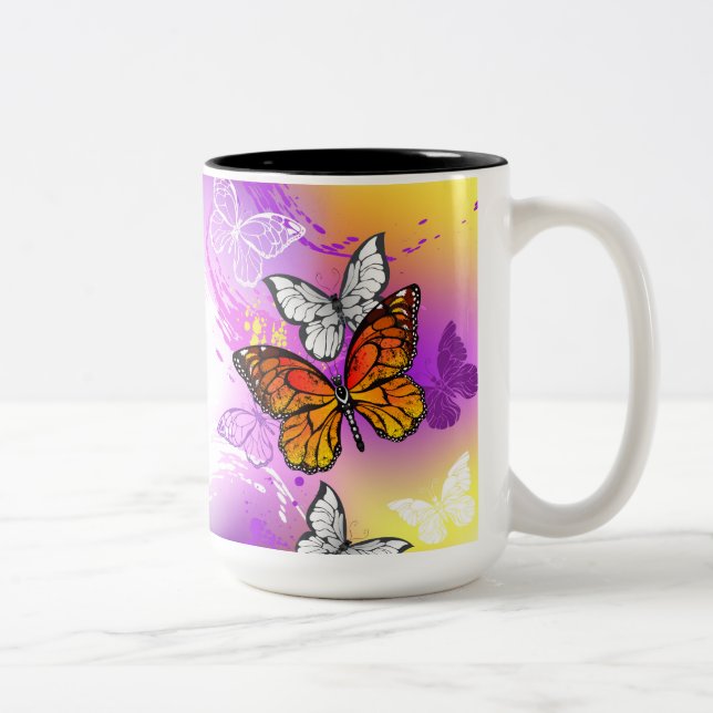 Monarch Butterflies on Purple Background Two-Tone Coffee Mug (Right)