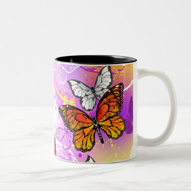Monarch Butterflies on Purple Background Two-Tone Coffee Mug (Right)