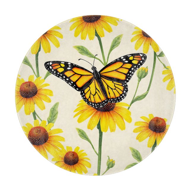 Monarch Butterflies Yellow Daisies Pattern Cutting Board (Front)