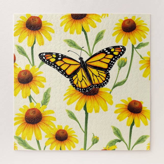 Monarch Butterflies Yellow Daisies Pattern Jigsaw Puzzle (Vertical)