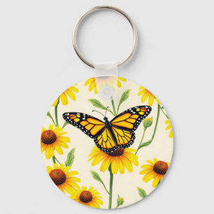 Monarch Butterflies Yellow Daisies Pattern Key Ring