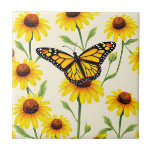Monarch Butterflies Yellow Daisies Pattern Tile
