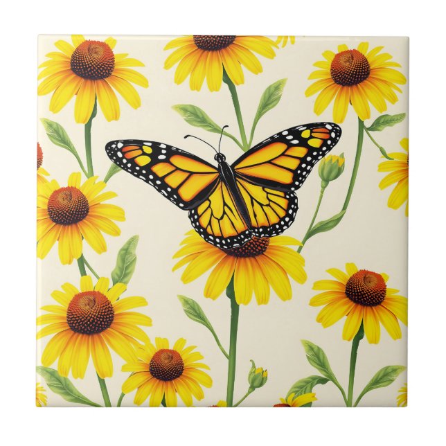 Monarch Butterflies Yellow Daisies Pattern Tile (Front)