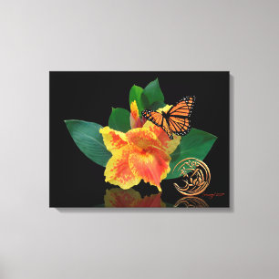 Monarch Butterfly and Canna Lily on canvas
