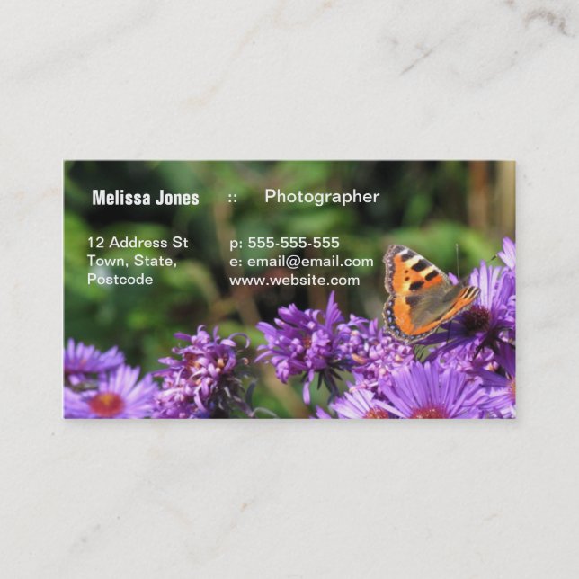 Monarch butterfly and purple flowers business card (Front)