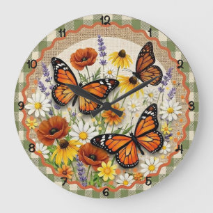 Monarch Butterfly Burlap Bloom Large Clock