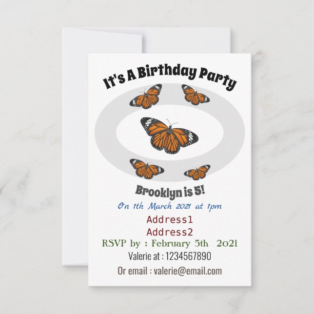 Monarch butterfly cartoon illustration invitation (Front)