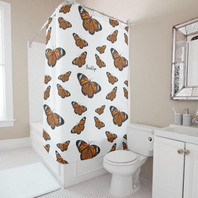 Monarch butterfly cartoon illustration shower curtain (In Situ)
