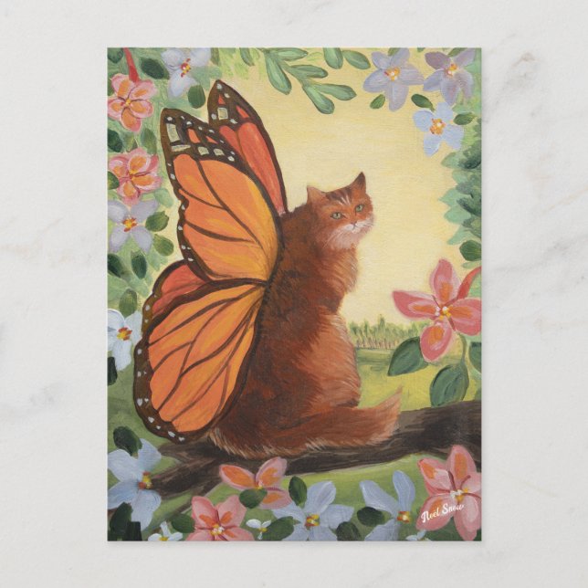 Monarch Butterfly Cat in Meadow Postcard (Front)